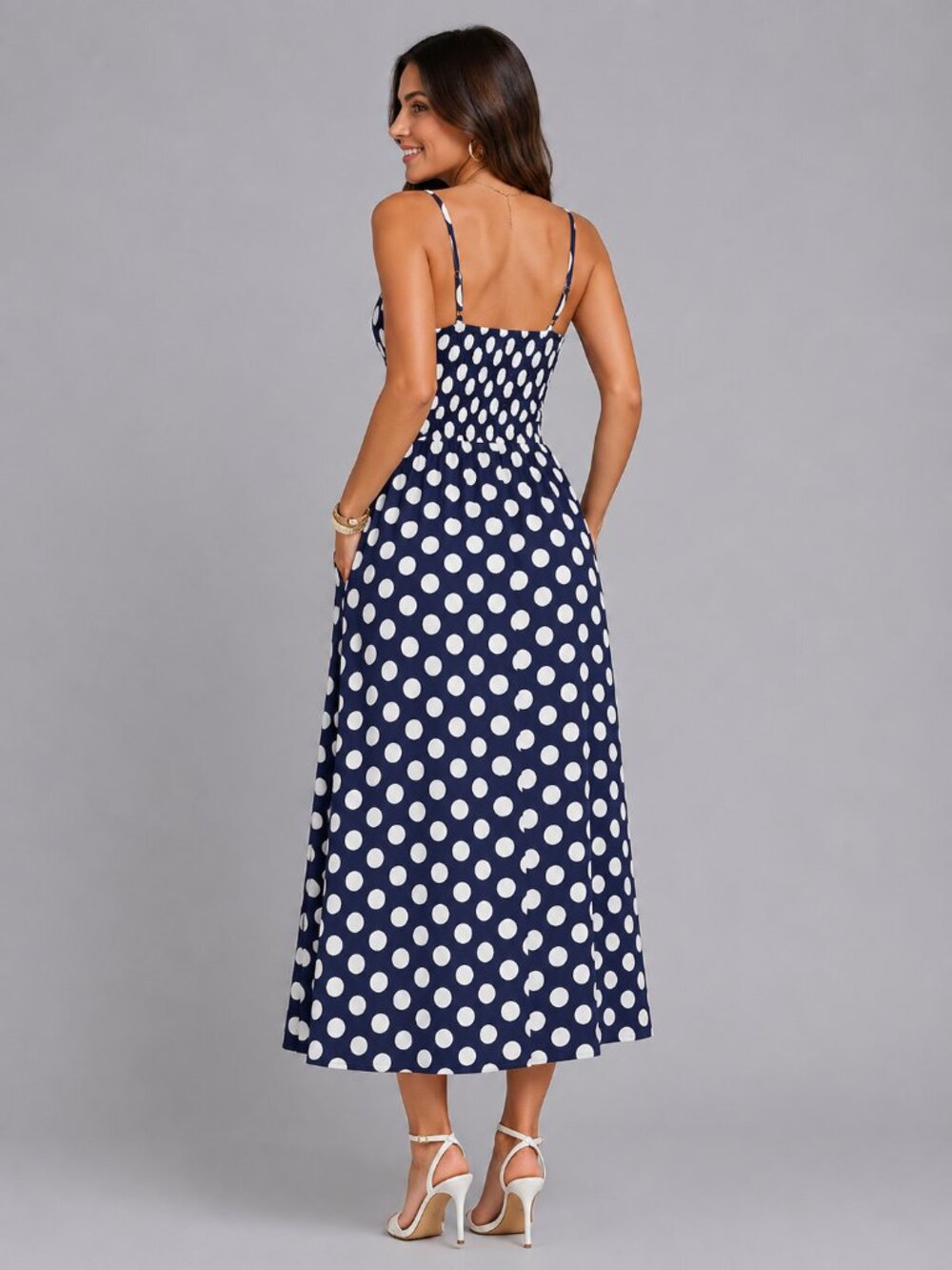 Women’s Black White Polka Dot Spaghetti Strap Flowy Maxi Midi Dress Chic - Picture 2 of 3